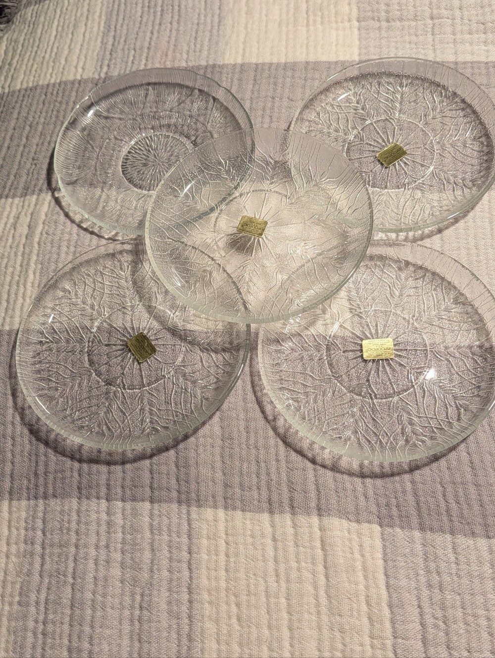 New Coro Clear Textured Glass Plate with Gold Label Set of 5